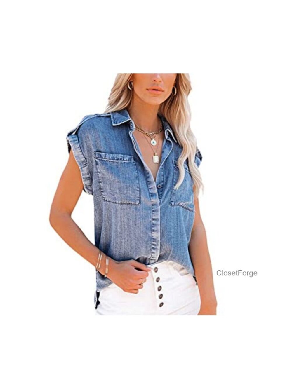 Women's Casual Denim Jean Vest Top Button Down Sleeveless Shirt